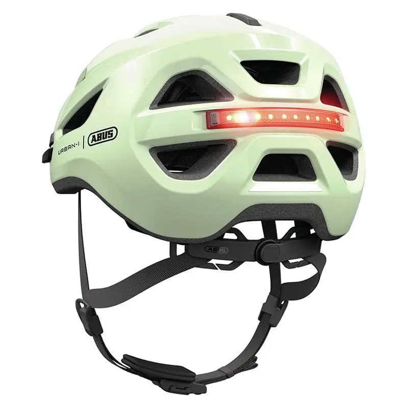 Casque vélo adulte Abus Urban-I 4.0 vert pistache taille L (57-61 cm) réglage molette éclairage arrière USB 5